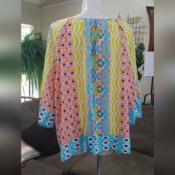 Ruby Rd. Bohemian Top Tassel Tie Neck Colorful Beach Vibe Peasant 3/4 Sleeves - Picture 8 of 10